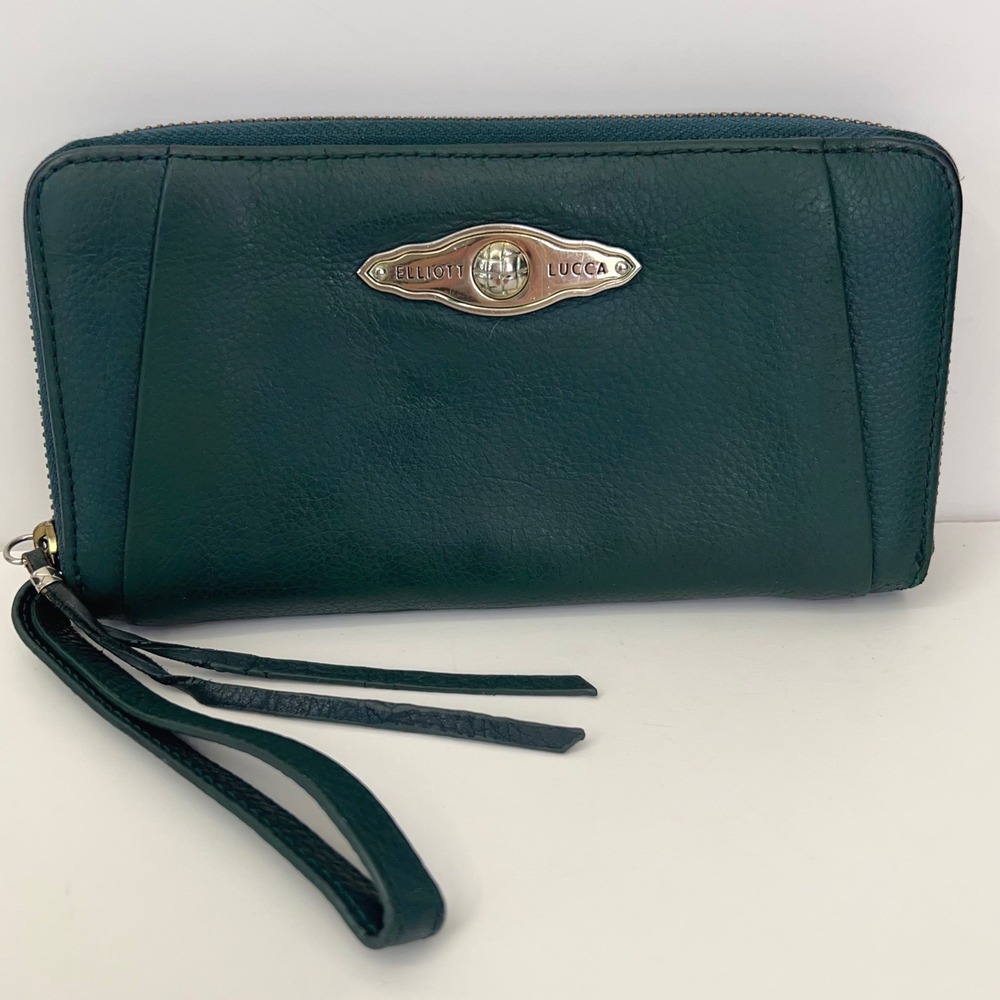 ELLIOTT LUCCA Leather Wallet Wristlet Zip Around Multi Card Slots Clutch Green